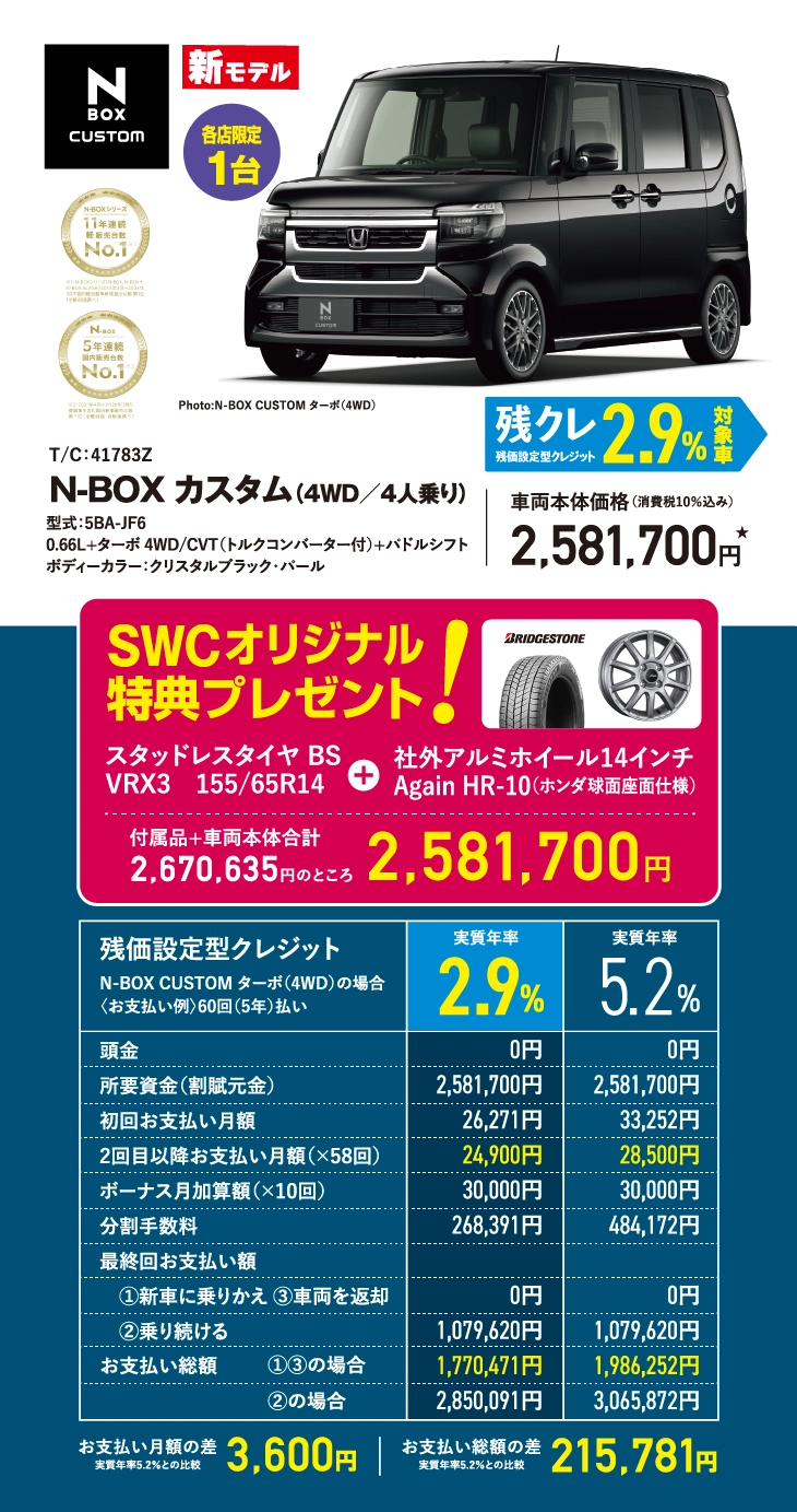 N-BOX カスタム(4WD/4人乗り) 残価設定型クレジット 2.9%対象者 車両本体価格(消費税10%込み) 2,581,700円
