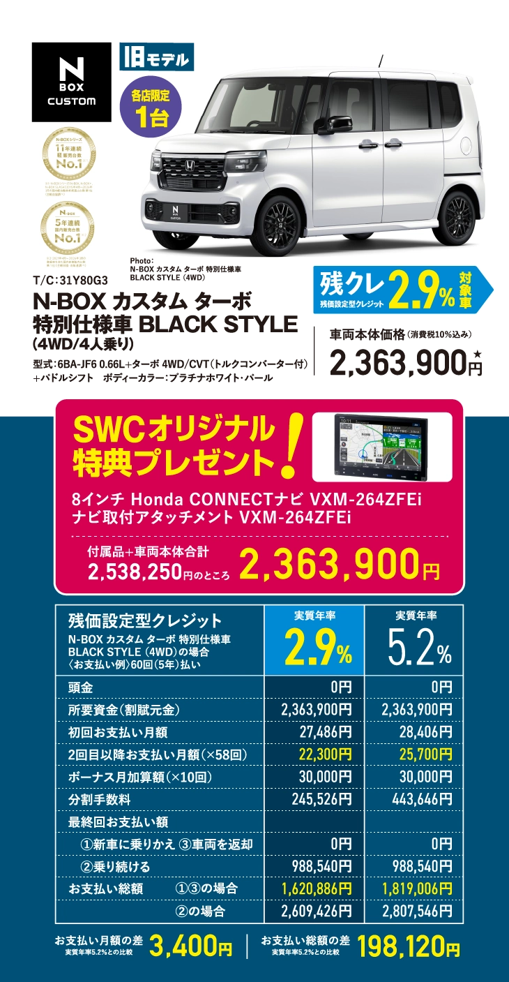 N-BOX カスタムターボ特別仕様車 BLACK STYLE(4WD/4人乗り) 残価設定型クレジット 2.9%対象者 車両本体価格(消費税10%込み) 2,363,900円